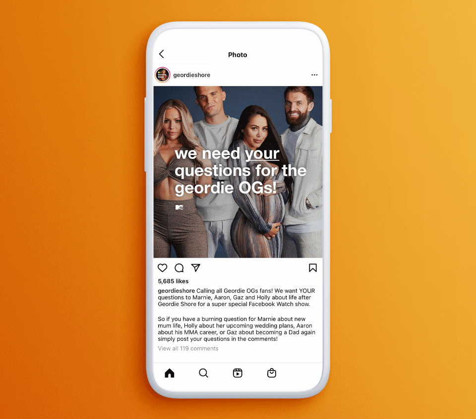smart phone showing instagram post of MTV's Geordie Shore stars