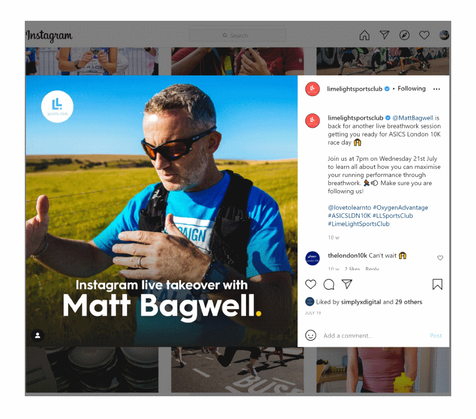 instagram post of Matt Bagwell doing a live takeover with Limelight Sports